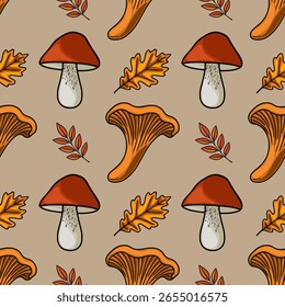 Padrão de vetor sem costura com ilustrações feitas à mão de cogumelos vermelhos e laranja, folhas de carvalho e folhagem de outono, criando um design de outono rústico e vibrante.