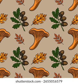 Seamless vector pattern featuring hand-drawn chanterelle mushrooms, acorns, oak leaves, and autumnal branches, creating a vibrant fall-themed design perfect for autumnal projects.