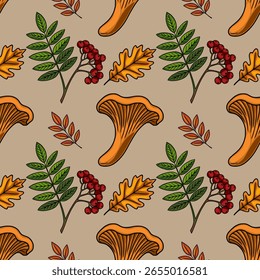 Seamless vector pattern featuring hand-drawn chanterelle mushrooms, rowan berries, and autumn leaves in a vintage style, perfect for fall-themed designs.