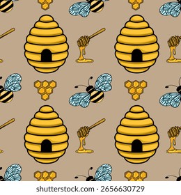Seamless vector pattern featuring hand-drawn illustrations of beehives, honeycombs, bees, and honey dripping from a honey dipper, set against a muted taupe background, creating a charming and rusti...