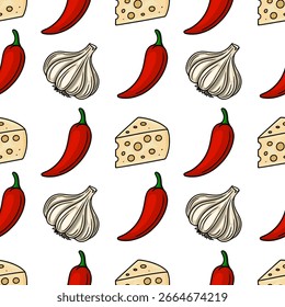Seamless vector pattern featuring hand-drawn illustrations of chili peppers, garlic cloves, and cheese wedges, creating a vibrant and appetizing food design.