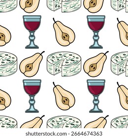 Padrão de vetor sem costura com ilustrações feitas à mão de queijo gorgonzola, peras maduras e copos de vinho tinto, criando um design sofisticado e apetitoso.