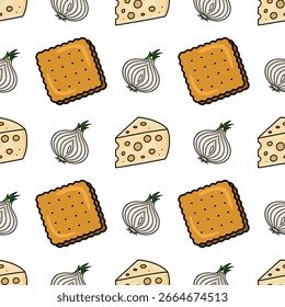Padrão de vetor sem costura com ilustrações feitas à mão de bolachas, cunhas de queijo e cebolas, criando um design lúdico e apetitoso ideal para embalagens de alimentos ou projetos de temática culinária.