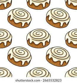 Seamless vector pattern featuring hand-drawn illustrations of cinnamon rolls with creamy frosting, showcasing a delightful swirl design and textured brown bun, ideal for bakery branding or sweet tr...
