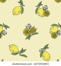 Seamless vector pattern featuring hand-drawn whole lemons, lemon slices, green leaves, and white citrus blossoms on a soft pastel background. This fresh fruit-themed illustration is ideal for summer