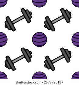 Padrão de vetor sem costura com halteres desenhados à mão e bolas de fitness roxas em um fundo branco, ideal para projetos com tema de ginástica e impressões de roupas esportivas.