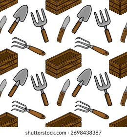 Seamless vector pattern featuring hand-drawn gardening tools like trowels, forks, and wooden seed boxes, rendered with a playful, illustrative style.