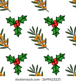 Seamless vector pattern featuring hand-drawn holly branches with red berries and sea buckthorn sprigs with orange berries on a white background.
