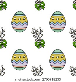 Seamless vector pattern featuring hand-drawn Easter eggs and pussy willow branches tied with green bows, creating a festive and organic holiday background.