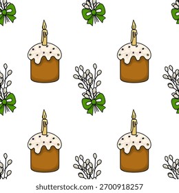 Padrão de vetor sem costura com bolos de Páscoa desenhados à mão com velas e ramos de salgueiro buceta adornados com arcos verdes, colocados contra um fundo branco limpo.