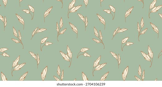 Padrão de vetor sem costura com ramos de folhas beges desenhados à mão delineados em marrom quente em um fundo verde sábio silenciado, criando um design botânico suave, elegante e natural