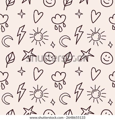 Seamless vector pattern featuring hand-drawn brown doodle icons on a beige background. Includes smiley face, star, leaf, sun, moon, lightning, rainbow, cloud, and heart