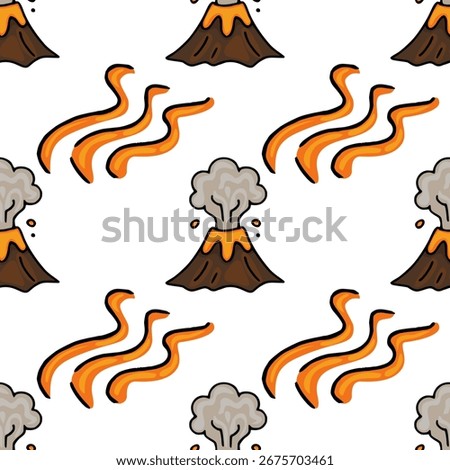Seamless vector pattern featuring hand-drawn cartoon volcanoes erupting lava and smoke against a white background, creating a playful yet slightly ominous design.