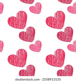 A seamless vector pattern featuring hand-sketched doodle-style hearts in various red hues. Perfect for creative projects on a transparent background