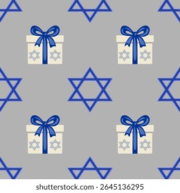 Seamless vector pattern featuring Hanukkah gift boxes with blue bows and Star of David symbols on a gray background, ideal for festive designs and holiday wrapping.