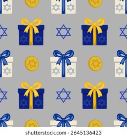 Padrão de vetor sem costura com presentes de Chanucá, símbolos da estrela de David e moedas de ouro, projetado em um esquema de cor azul e ouro festivo em um fundo cinza, perfeito para...