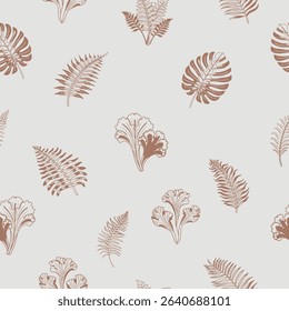 A seamless vector pattern featuring a harmonious array of stylized botanical elements, including various palm fronds, ferns, and exotic leaves, rendered in warm, 