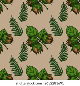 Padrão de vetor sem emenda com avelãs e folhas de samambaia em um design repetitivo, ostentando um estilo de ilustração botânica vintage com tons terra e elementos detalhados desenhados à mão.