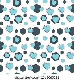 A seamless vector pattern featuring hexagons and hearts in delicate blue tones, designed with a stitched patchwork effect on a transparent background
