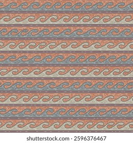 A seamless vector pattern featuring horizontal running waves in a gentle palette of white, blue, orange, and lilac, inspired by Central Asian nomadic art
