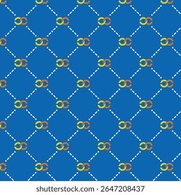 Um padrão de vetor sem costura com logotipos estilo CC entrelaçados dispostos em um layout de grade de diamante em um bg azul.O design usa laranja, amarelo para os logotipos, conectados por linhas tracejadas brancas