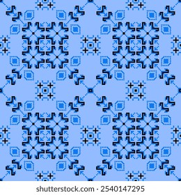 A seamless vector pattern featuring intricate geometric shapes in a bold color palette of red, white, and blue. This design is perfect for creating modern and stylish backgrounds, textiles, and other 