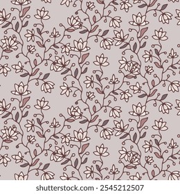 A seamless vector pattern featuring intricate hand-drawn floral motifs in warm, muted tones. Ideal for textile design, stationery, or backgrounds.