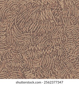 Seamless vector pattern featuring intricate swirling lines and curves in beige and brown tones. Complex geometric design with organic flowing elements creates a sophisticated textile-like appearance.