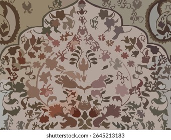 A seamless vector pattern featuring an intricate and ornate floral design, reminiscent of traditional Indian, Persian, or Middle Eastern motifs commonly found on carpets or textiles. The pattern