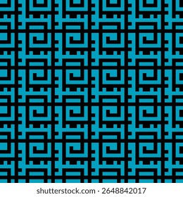 Padrão de vetor sem emenda com intrincadas formas geométricas abstratas formando um design parecido com labirinto. As linhas pretas em negrito criam uma grade contínua e complexa em um plano de fundo azul vibrante. Moderno e cativante