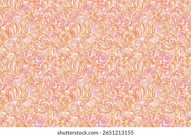 Seamless vector pattern featuring intricate swirling lines and ornamental curls in a orange and pink color scheme. Elegant, decorative,  template for wallpapers, textiles, branding