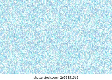 Seamless vector pattern featuring intricate swirling lines and ornamental curls in a bright blue color scheme. Elegant, decorative, template for wallpapers, textiles, branding