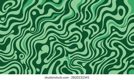 Seamless vector pattern featuring intricate flowing liquid lines and organic shapes in monochromatic dark green hues.