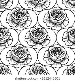 A seamless vector pattern featuring intricately drawn roses in black and white. Each rose is placed within an oval shape, creating a repeating floral design suitable for various applications.
