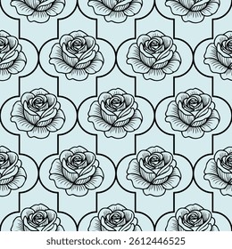 A seamless vector pattern featuring intricately drawn black roses on a light blue background, arranged in a geometric layout with decorative shapes.