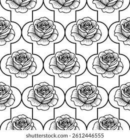 A seamless vector pattern featuring intricately drawn black roses on a white background, arranged in a geometric layout with decorative shapes.
