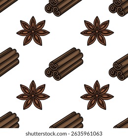 Padrão de vetor sem emenda com ilustrações intricadamente detalhadas de paus de canela e anis estrelado, criando uma textura visual quente e picante perfeita para projetos festivos.