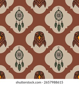 Seamless vector pattern featuring intricately detailed eagle heads and dream catchers, set against a sophisticated brown and beige geometric backdrop, ideal for textile design or bohemian-inspired...