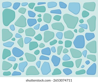 A seamless vector pattern featuring irregular sea glass shapes in soothing blue and green hues. Perfect for backgrounds, textiles, scrapbooking, and ocean-inspired designs.