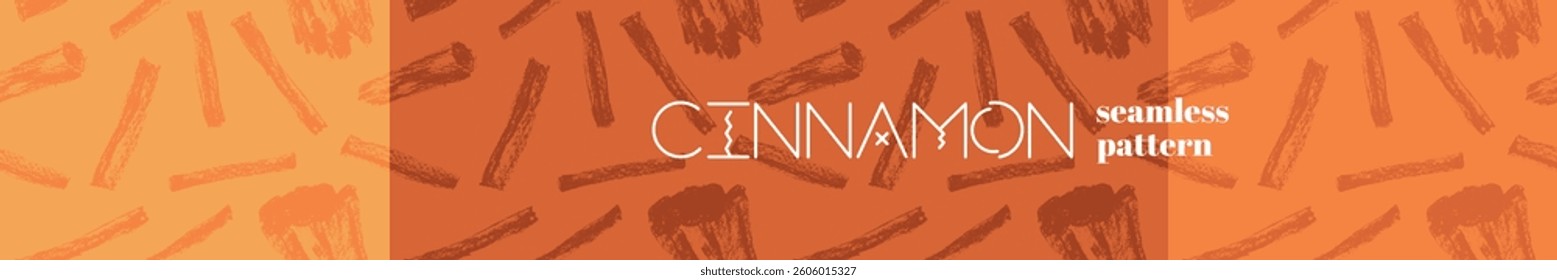 Seamless vector pattern featuring irregularly spaced cinnamon sticks on a warm orange background. The textured appearance adds a rustic and organic feel to the design.