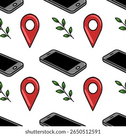 Seamless vector pattern featuring isometric smartphones, red location pins, and green leaves, creating a modern and minimalist design ideal for mobile app backgrounds or tech-related projects.