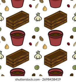 Seamless vector pattern featuring isometric gardening elements like wooden planters, red pots filled with soil, and various seeds including onions, peas, and beans, set against a clean white backgr...
