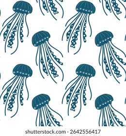 Seamless vector pattern featuring jellyfish in deep teal on a white background for creative designs