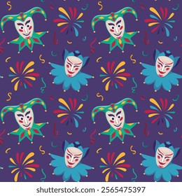 Seamless vector pattern featuring jester masks and vibrant fireworks against rich purple background Playful combination creates lively festive atmosphere perfect for carnival, masquerade-themed design