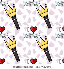 Seamless vector pattern featuring K-Pop lightsticks with crowns, hearts, and text elements on a pastel geometric background.