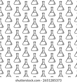Um padrão de vetor sem costura com tubos de ensaio de laboratório, funis e ícones de equipamentos científicos. Ideal para projetos temáticos de ciências médicas, de pesquisa, educacionais e químicas.