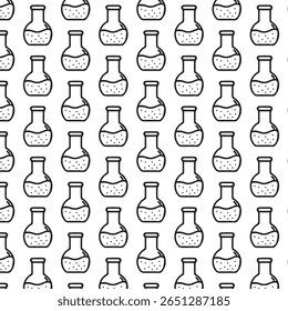 Um padrão vetorial sem costura com tubos de laboratório, frascos químicos e ícones de equipamentos científicos. Ideal para projetos temáticos de ciência, pesquisa, química, médicos e educacionais.