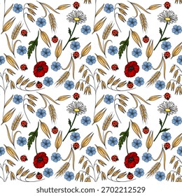 Padrão de vetor sem costura com joaninhas, papoulas, margaridas, flores de linho e caules de trigo em um fundo branco, evocando uma estética encantadora prado.