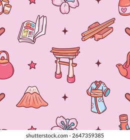 Seamless vector pattern featuring Japan’s landmarks, icons, and cultural symbols. Creative and versatile design perfect for backgrounds, textiles, and branding.