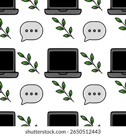 Seamless vector pattern featuring laptops, speech bubbles, and green leaves, creating a modern and minimalist office design.